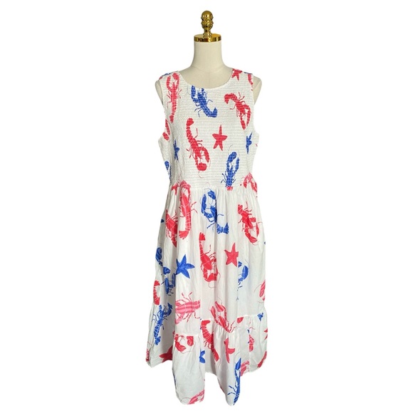 J.Crew Women’s XL Lobster Print Smocked Tiered Sleeveless Coastal Vacation Dress - Picture 5 of 11